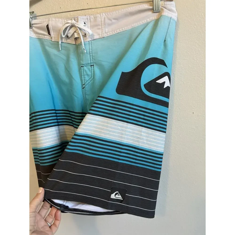 Quiksilver Board Shorts Mens 36 Blue Stripes Black Swim Trunks Beach Surf Retro